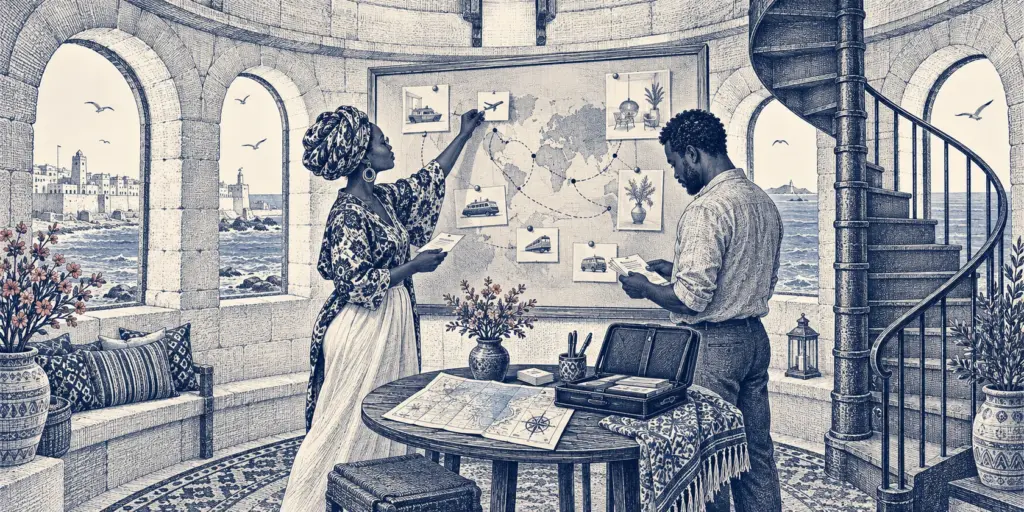 An interior-design studio owner and partner prepare travel expense records in an Essaouira lighthouse office.