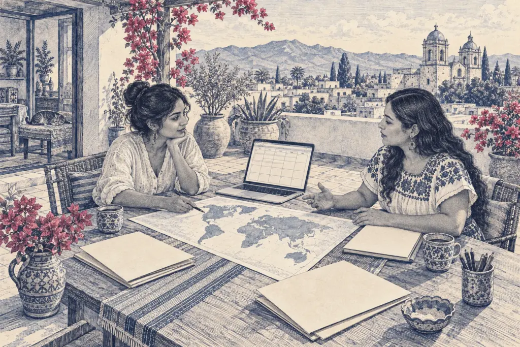 How to Nail Digital Nomad Tax Planning in 2024 (Without Losing Your Mind or Your Money) 1 A business owner and accountant coordinate international planning at a rooftop table in Oaxaca.