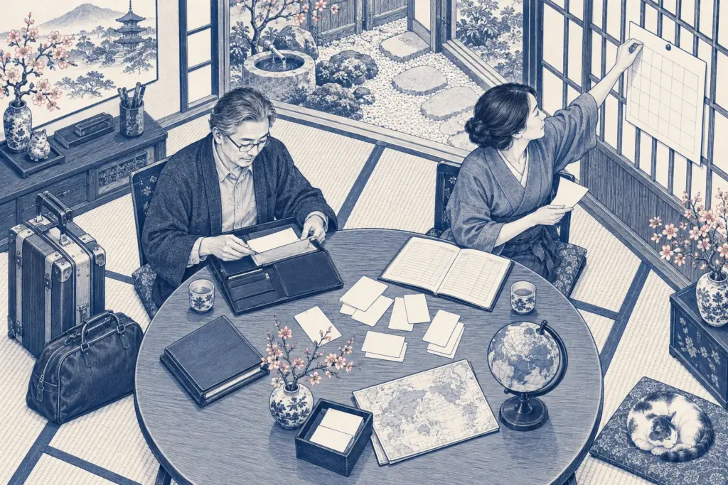 A business-owning couple compare travel records and financial documents in a Kyoto townhouse office.