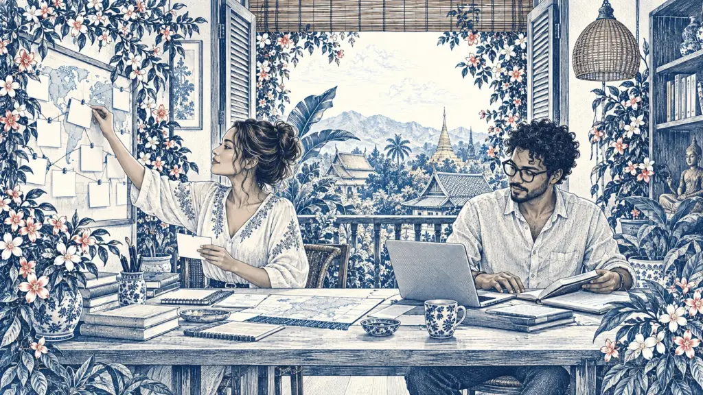 Where Do You Pay Taxes, Anyway? Digital Nomad Tax Residency Rules 1 A nomad business-owning couple compares travel plans and financial records in a Chiang Mai study.