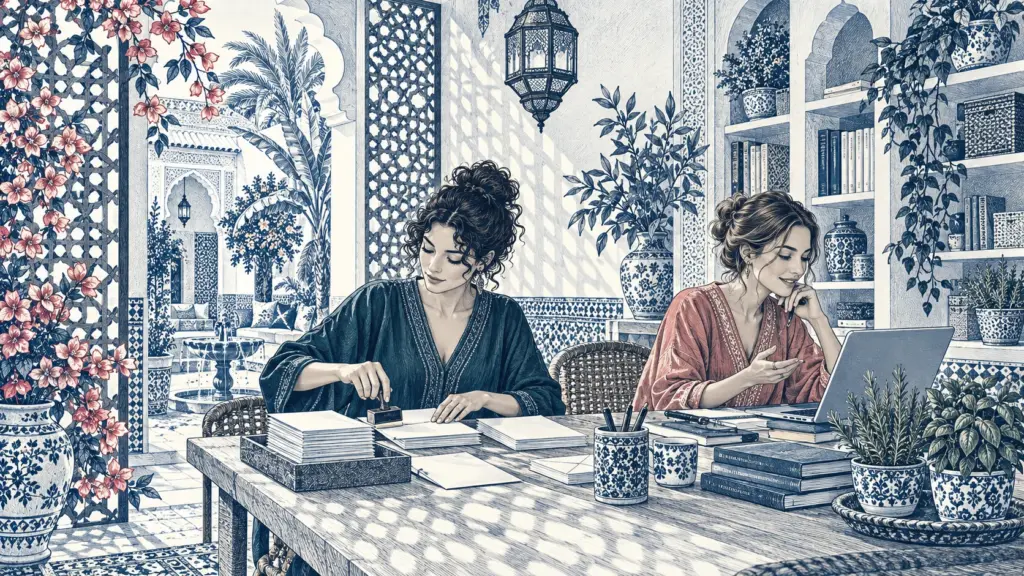 Where Do You Pay Taxes? Digital Nomad Tax Residency Trap 1 Two women business partners organize records and review their accounts in a Marrakech office.