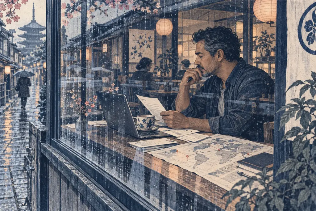 Digital nomad visa taxes: Your Visa Isn’t a Tax Plan 1 A consultant reviews business papers in a Kyoto café.