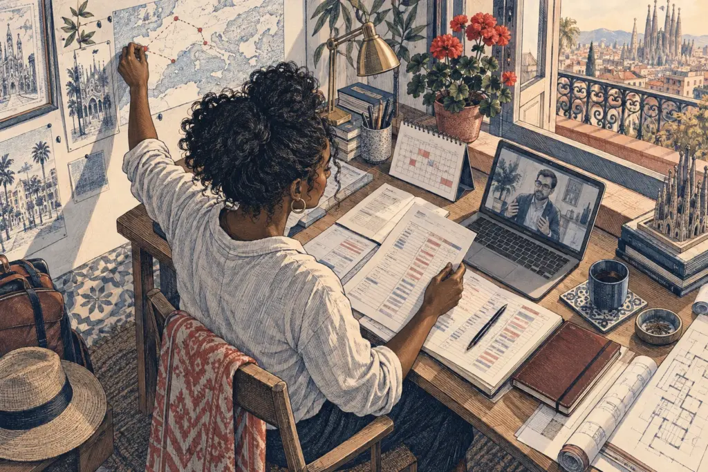 A business owner reviews records and a calendar at her Barcelona desk.